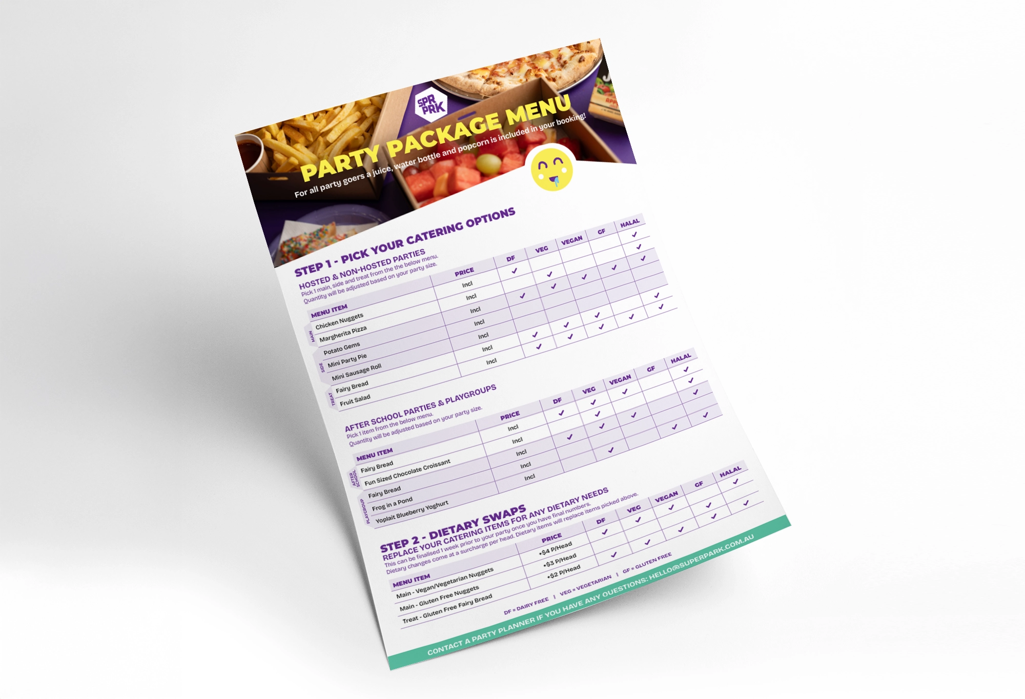 SuperPark Party Venue catering menu