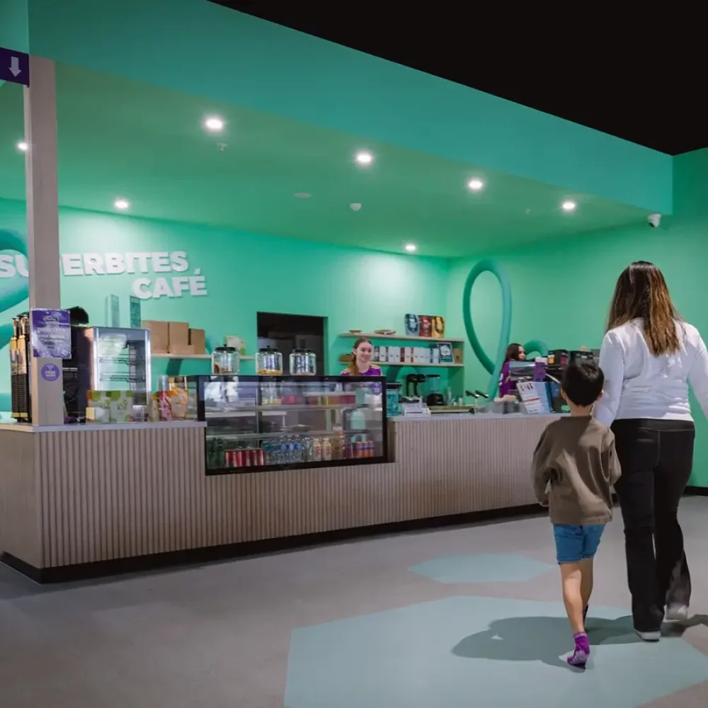 Family heading to a cafe