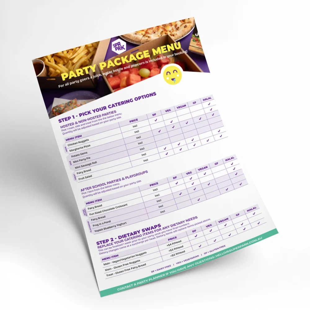 SuperPark Party Venue catering menu